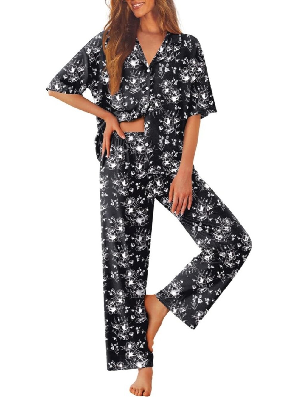Women Black Flower Notch Lapel Short Sleeve Shirt Sleepwear w/ Long Pajamas Set